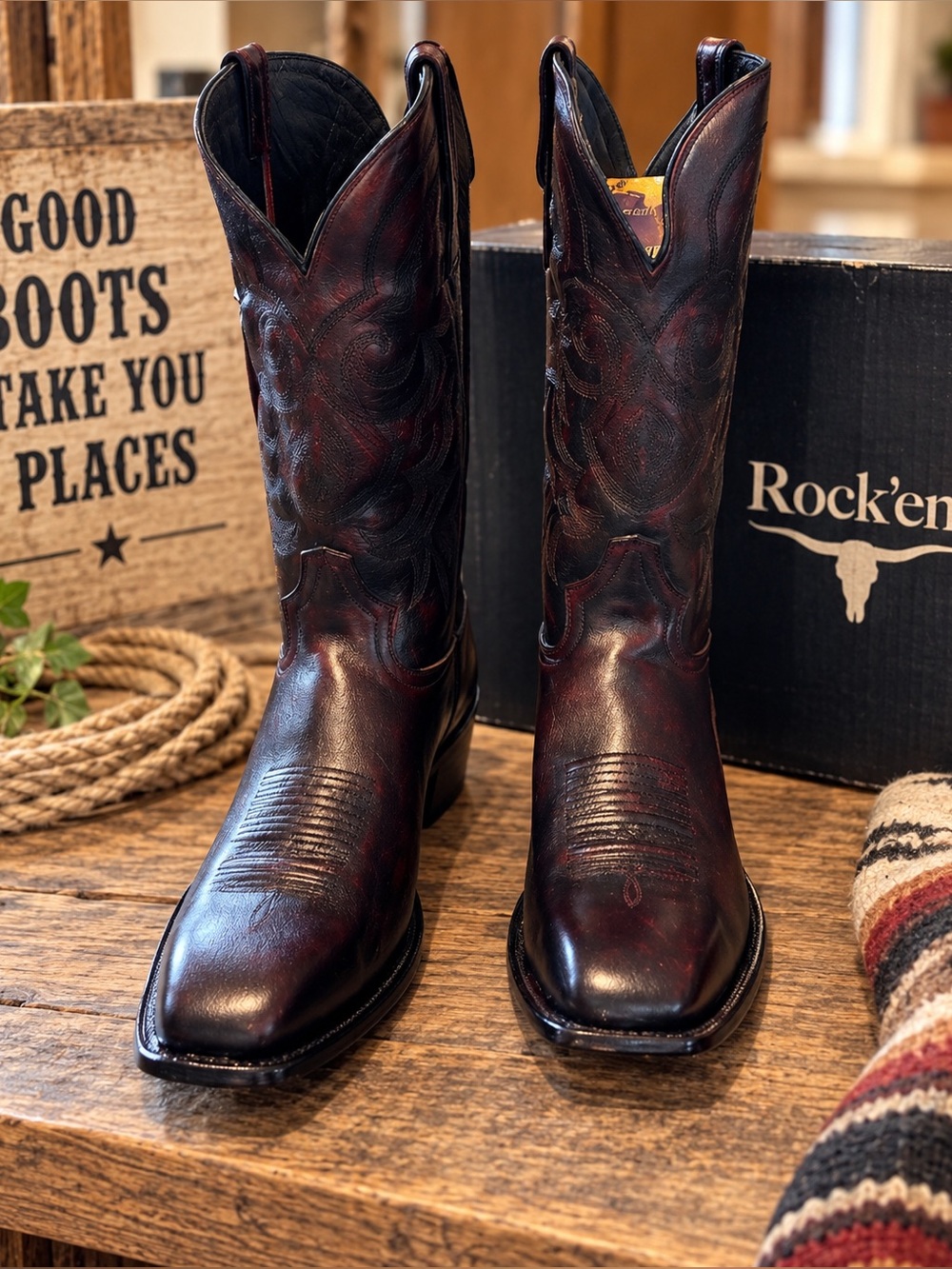 Tanner Mark Men’s Burgundy Western Cowboy Boots Leather